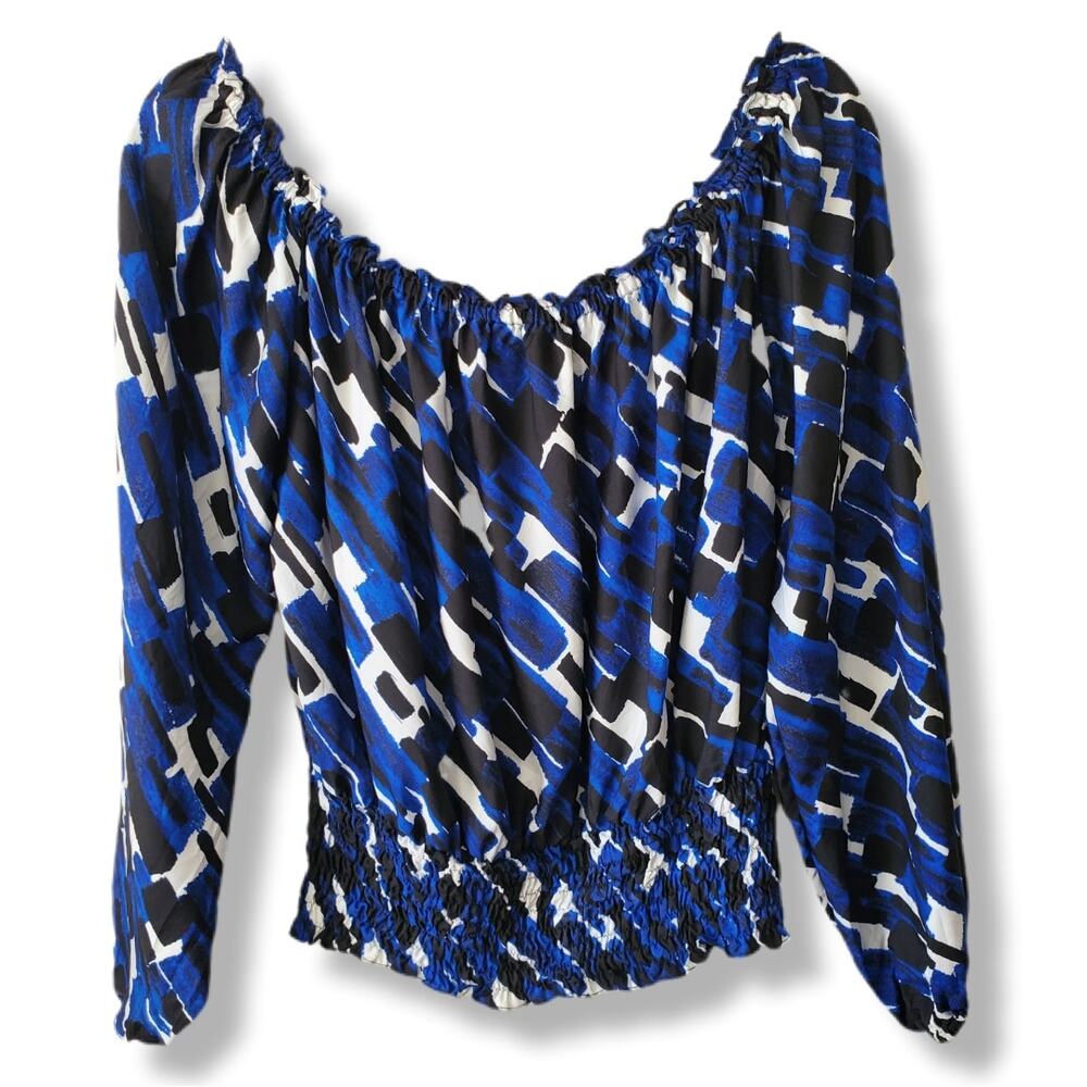 Women Michael Kors Abstract Blue Silk Blouse M Cottage Artsy Peasant Casual